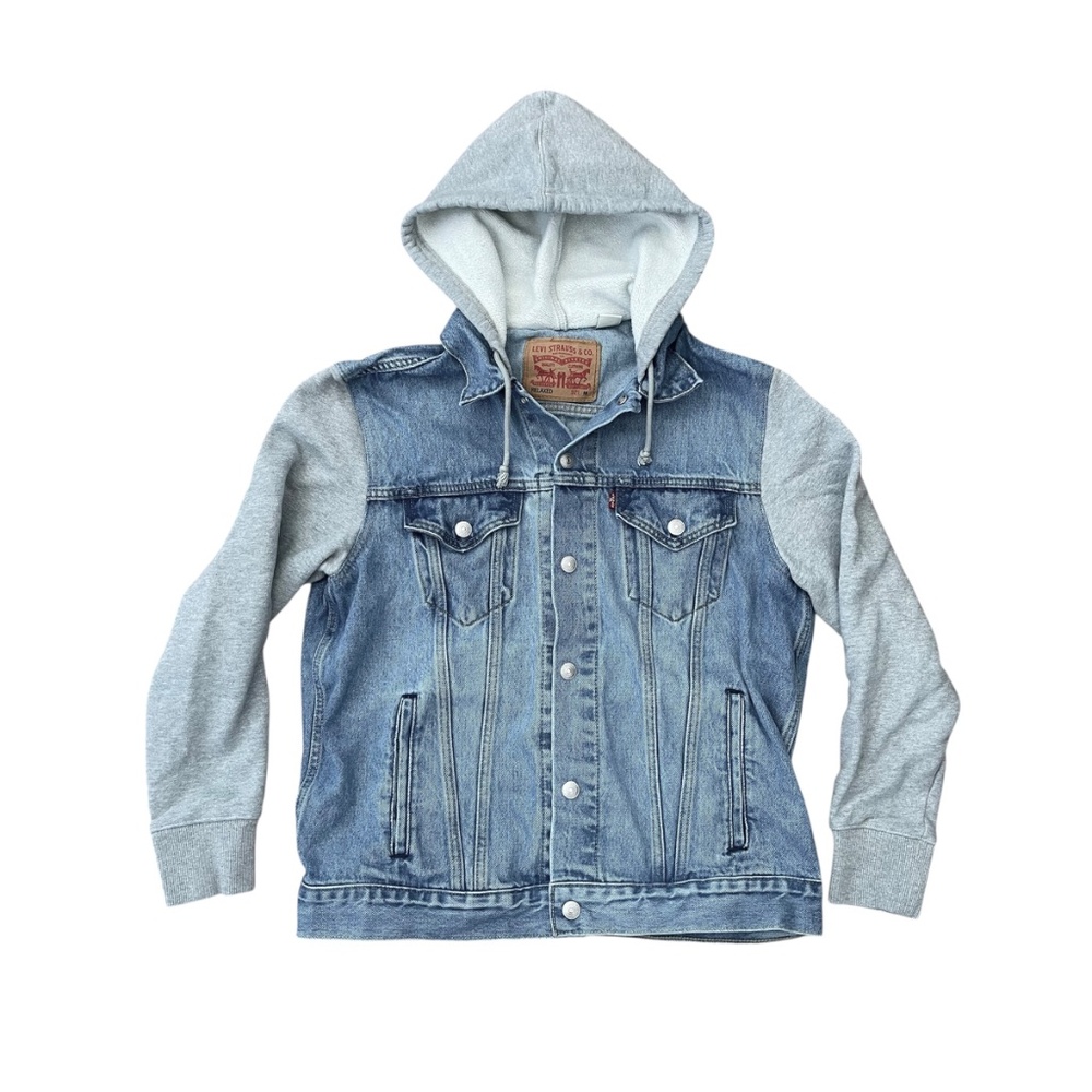 Levi’s Men’s Hybrid Hoodie Trucker Jacket Denim Gray Fleece M - Picture 2 of 9